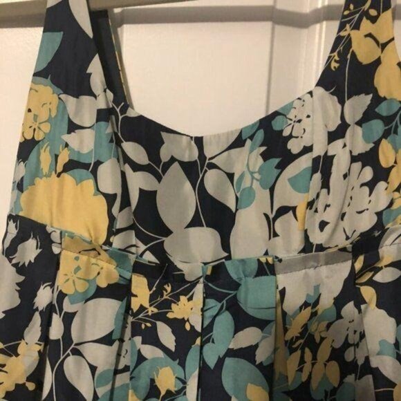 BCBG Paris Dress Floral Sleeveless Pleated Skirt Square Neck Silk Blue/Yellow 2 - Picture 9 of 13